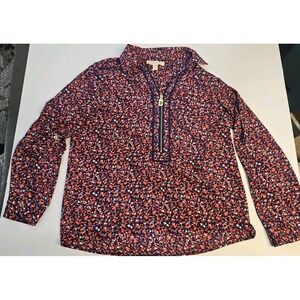 MICHAEL KORS 1/2 ZIP VNECK FLOWER PATTERN BLOUSE  ROLL TAB SLEEVES NO FLAWS(927)